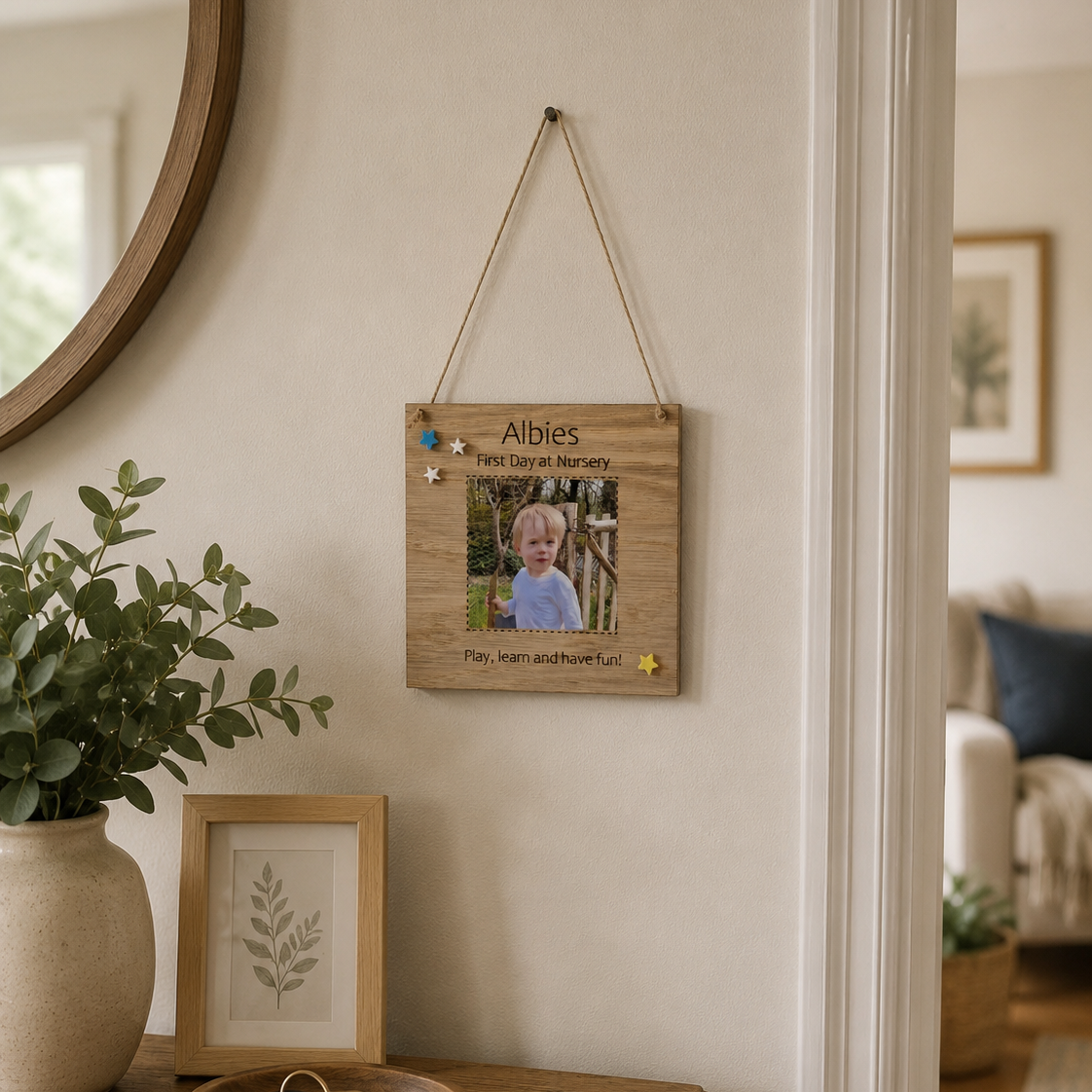 Personalised Oak Veneer 'First Day at Nursery' Photo Board