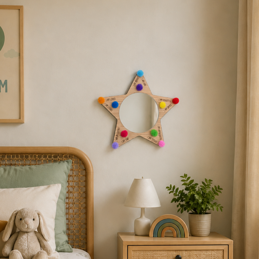 Star shaped fun children's mirror with colouful pom poms