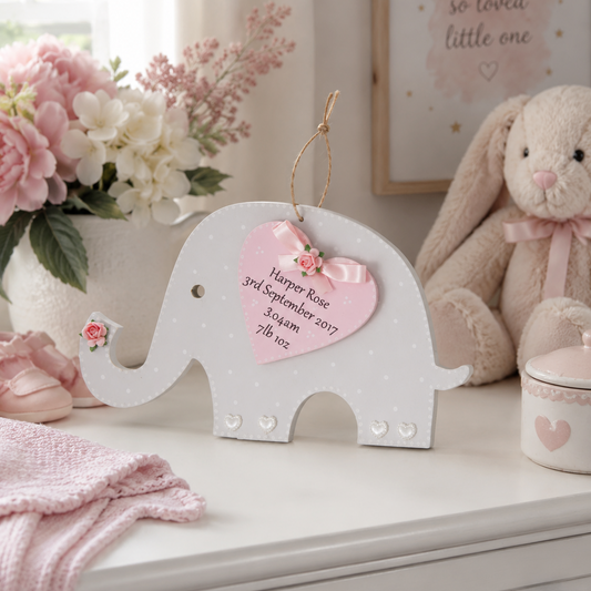 Wooden hanging elephant baby keepsake gift. Personalised baby name, weight and date of birth keepsake.