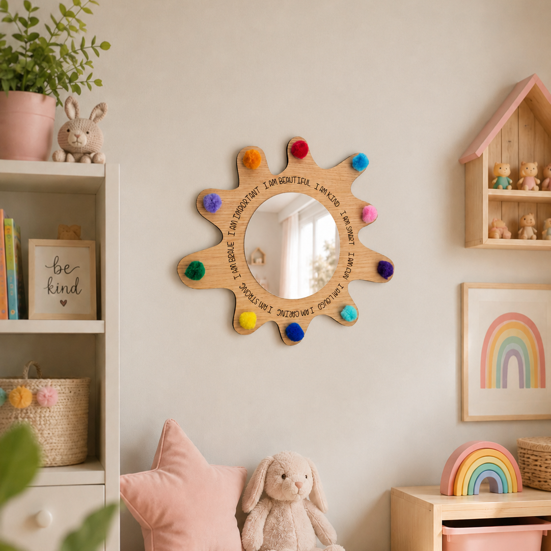 Paint splat shaped fun children's mirror with colourful pom poms