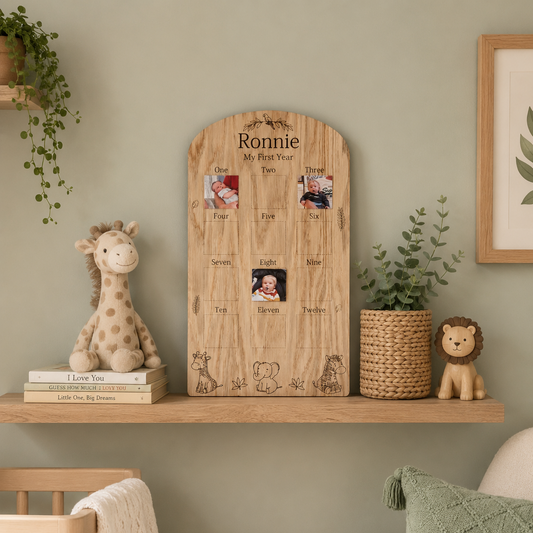 My First Year Oak Veneer Baby Photo Board. First birthday party decoration/ sign