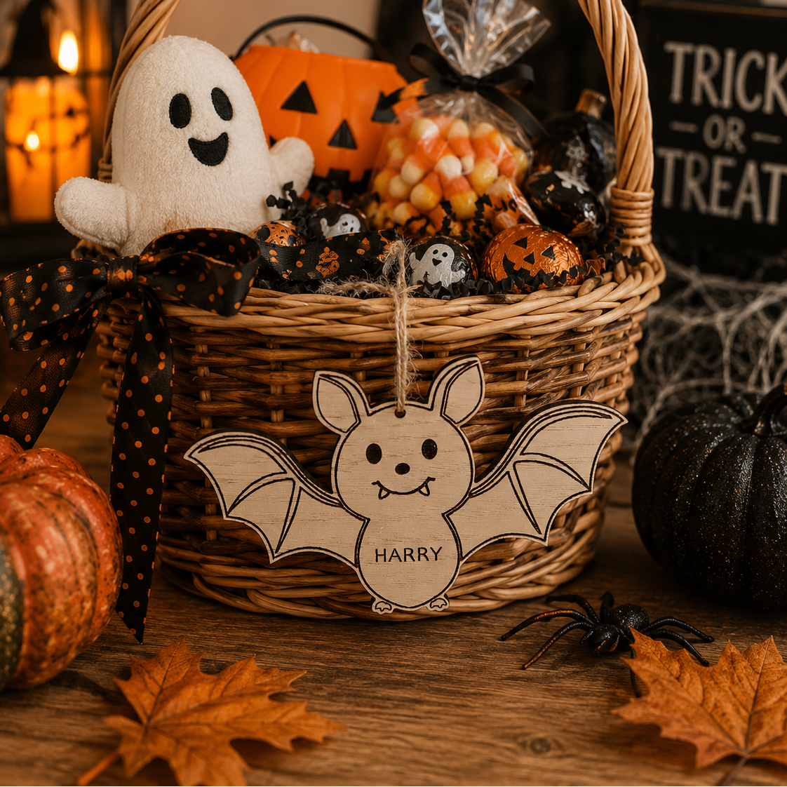 Wooden Personalised Halloween Bat Basket Name Tag