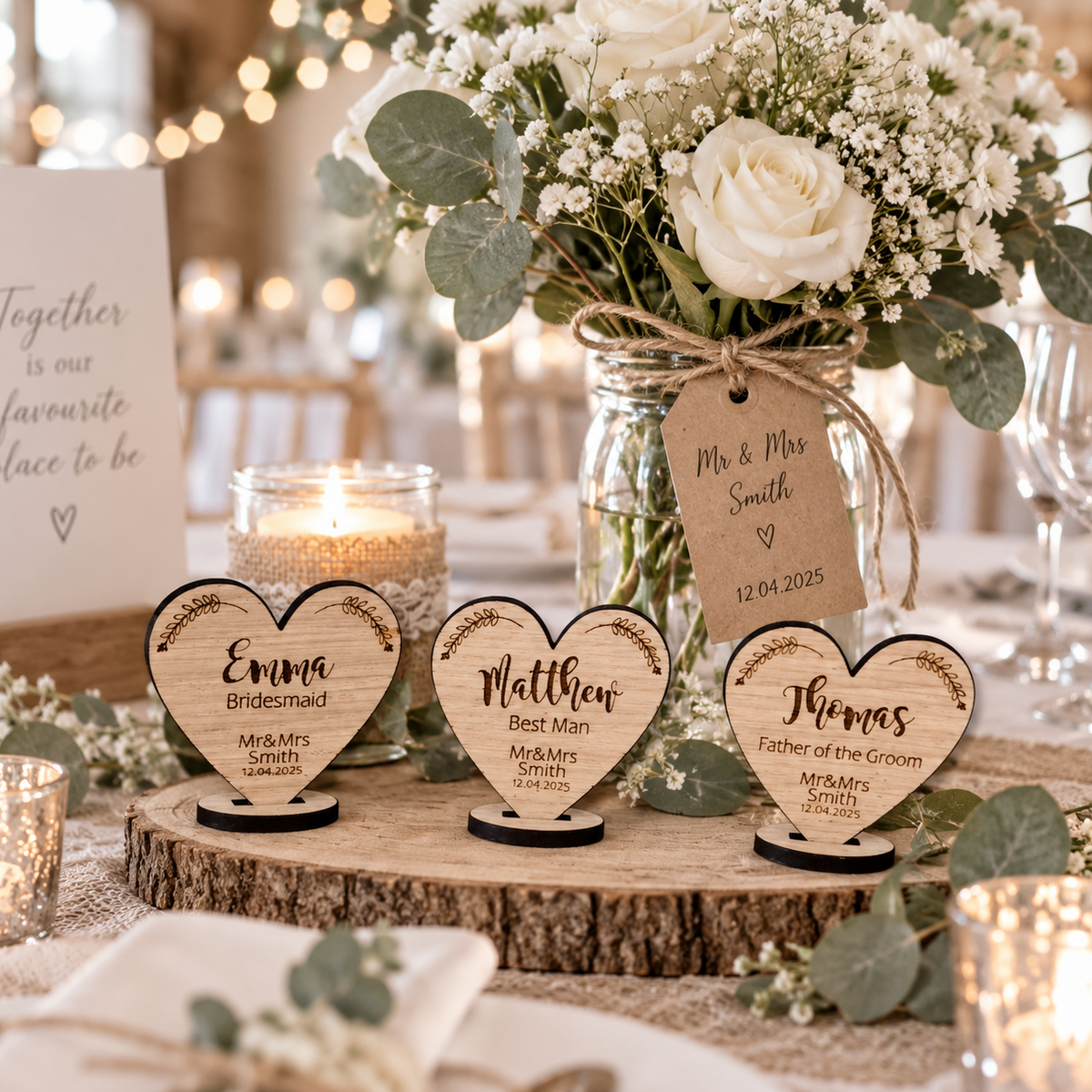 Personalised Wooden Oak heart Wedding Name place settings with Bride and Groom name and Wedding Date.