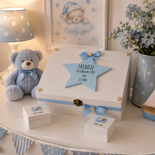 Blue star hand painted new baby boy wooden memory box gift
