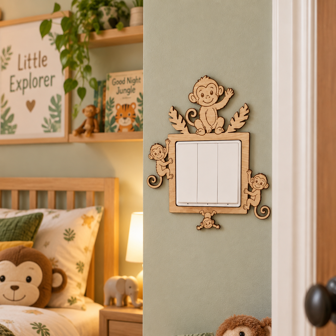 Oak Veneer Monkey Design Light Switch surround for a childs bedroom or nursery