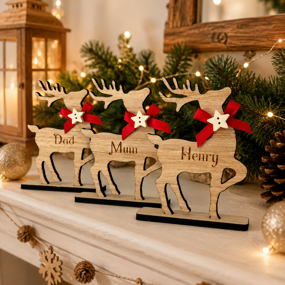 Personalised Wooden Reindeer Christmas table name settings with red bow and star button detailing