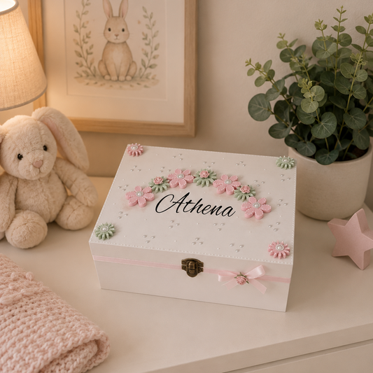 Personalised hand painted floral design memory keepsake box.