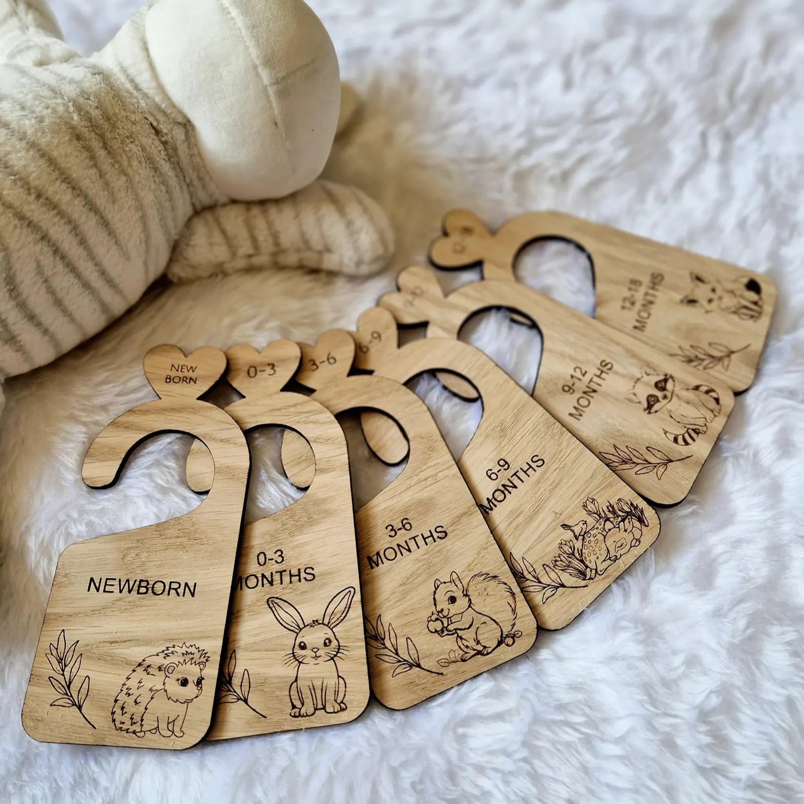 Set of Oak Veneer Woodland Animal engraved Wardrobe dividers for Baby Wardrobe