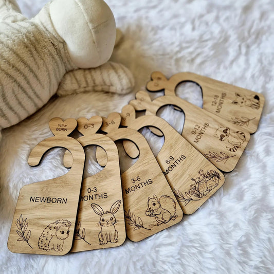Set of Oak Veneer Woodland Animal engraved Wardrobe dividers for Baby Wardrobe