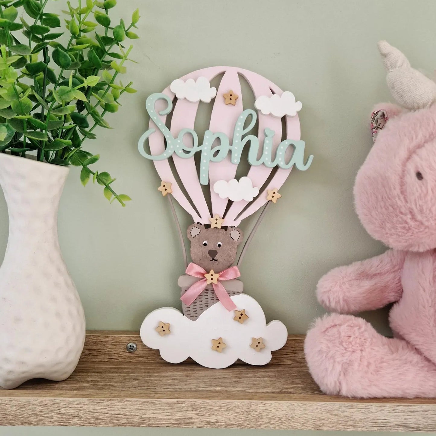 Hot Air Balloon personalised wooden name sign for children's bedroom or nursery.