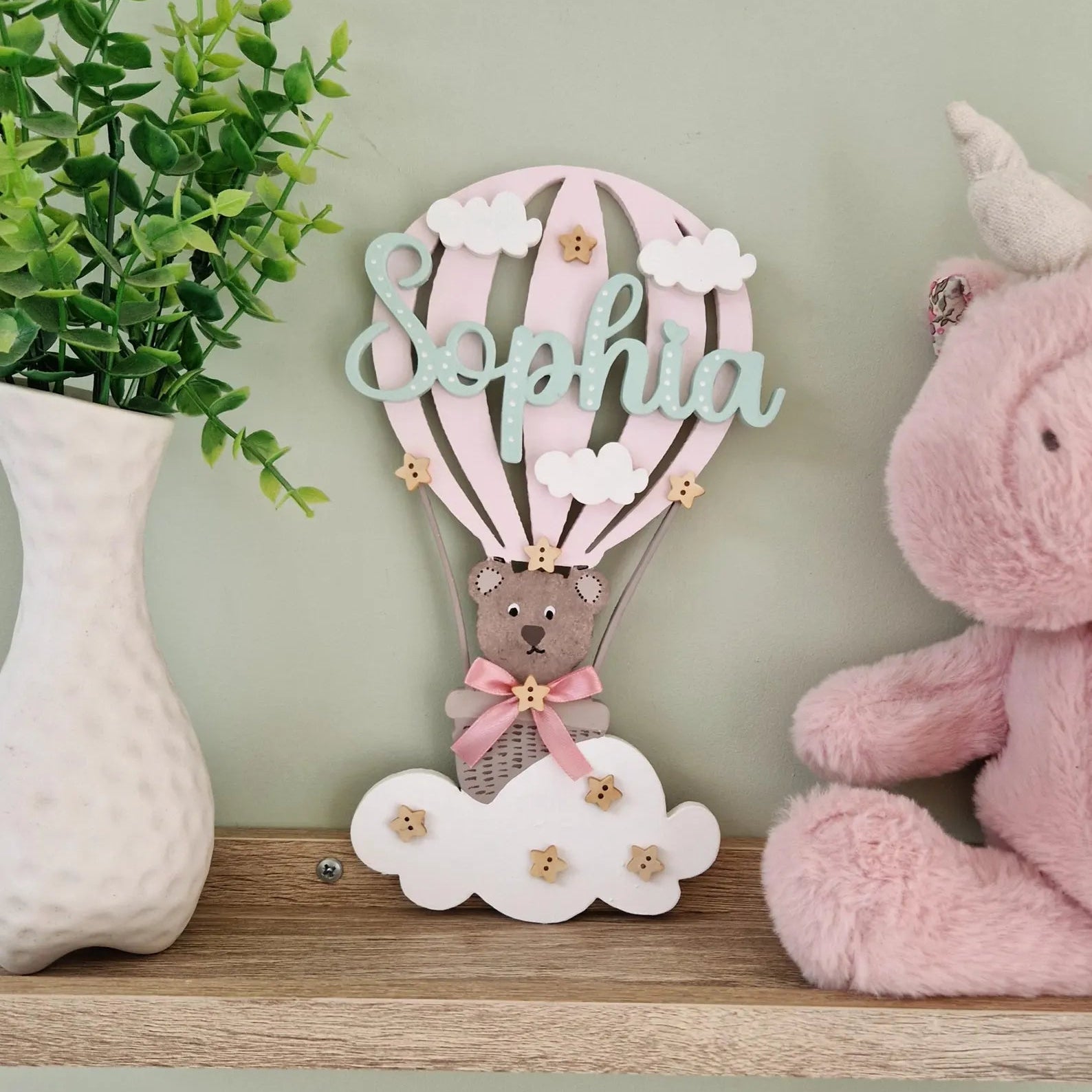 Hot Air Balloon personalised wooden name sign for children's bedroom or nursery.