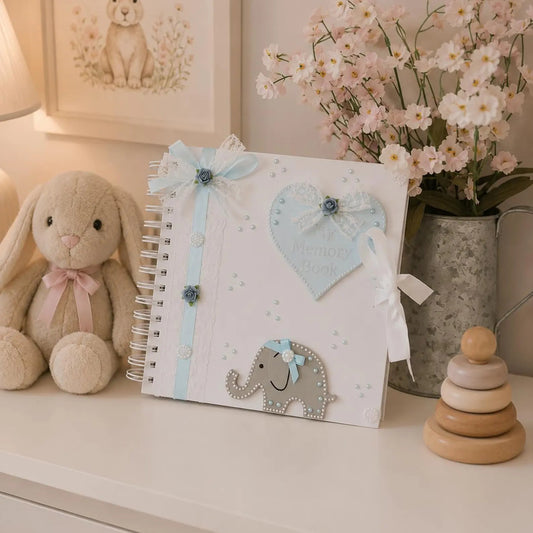 Baby Boy Memory Book. Hand decorated Baby Scrapbook