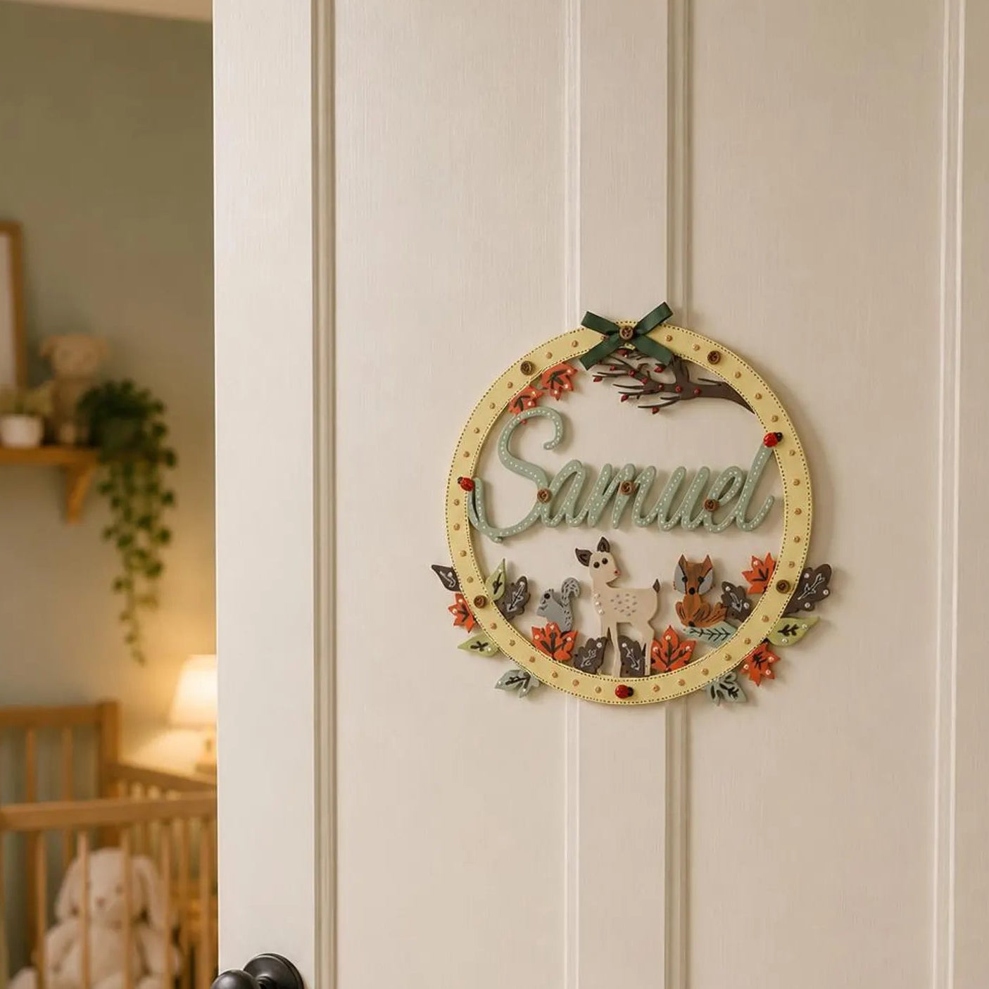 A personalized wooden nursery door hanger featuring the name 'Samuel' in raised script, surrounded by a circular wreath design with woodland animals and floral accents, shown hanging on a white paneled door in a softly lit nursery.