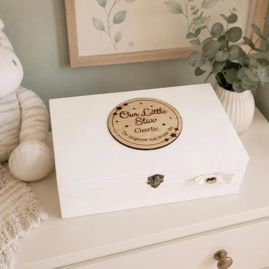 Personalised Baby Memorial Box with wooden engraved topper. 