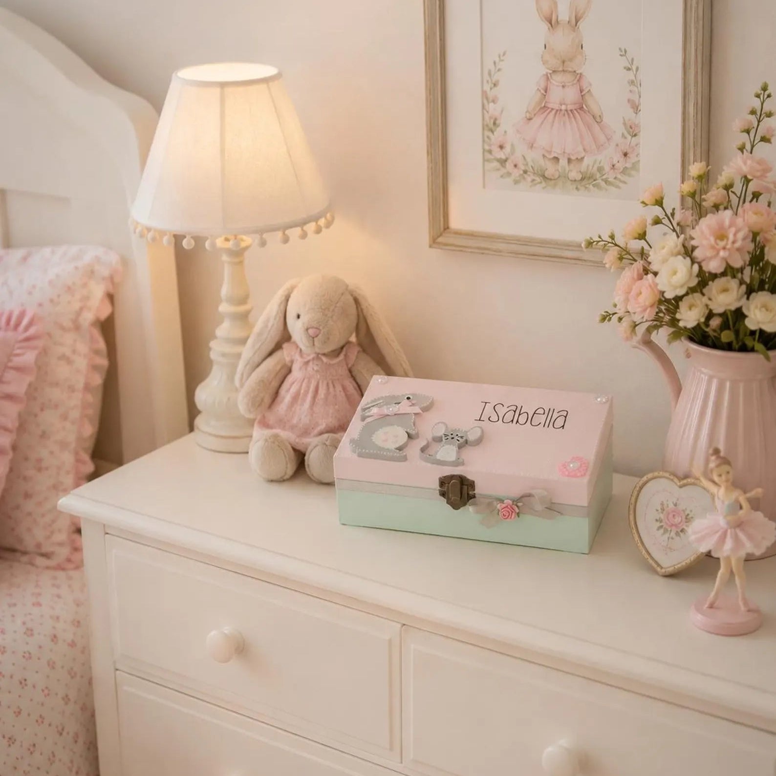 Personalised little girls wooden jewelry box with cute bunny and mouse hand painted design