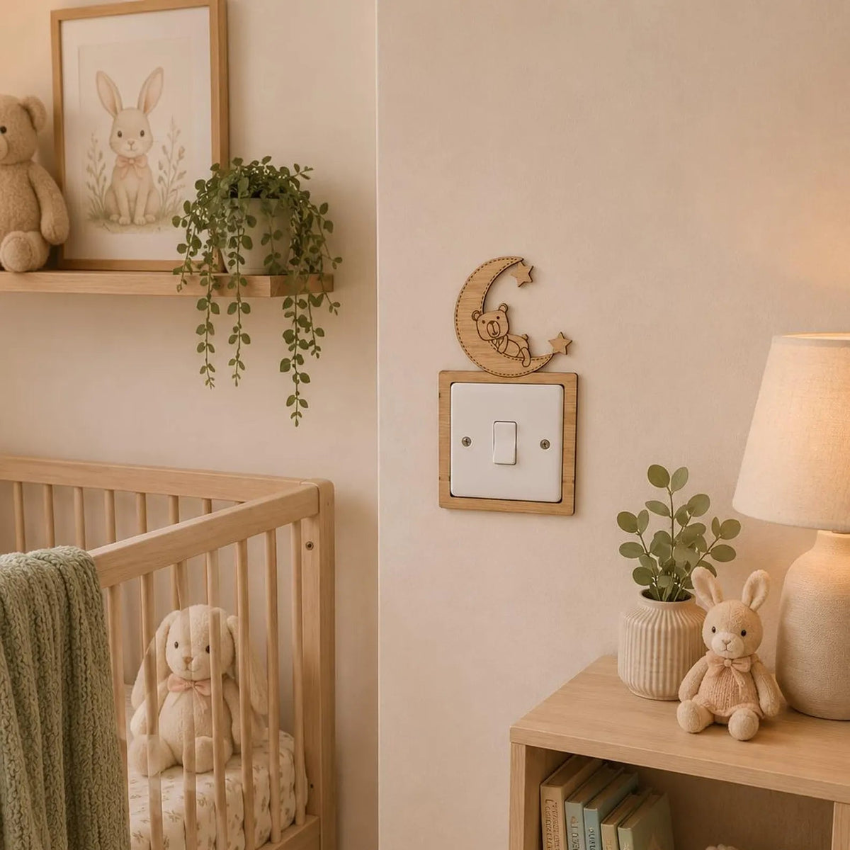 Oak Veneer wooden Teddy and Moon Nursery Bedroom Light Switch surround cover. Nursery decoration.