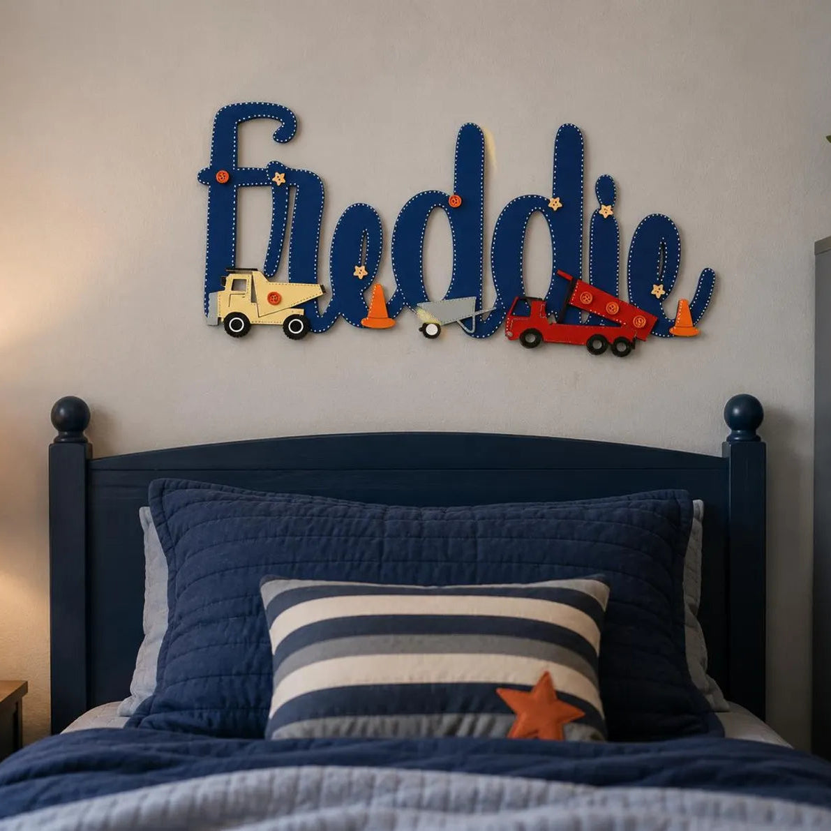 Large Wooden Wall Name sign in a construction theme for Boys Bedroom.