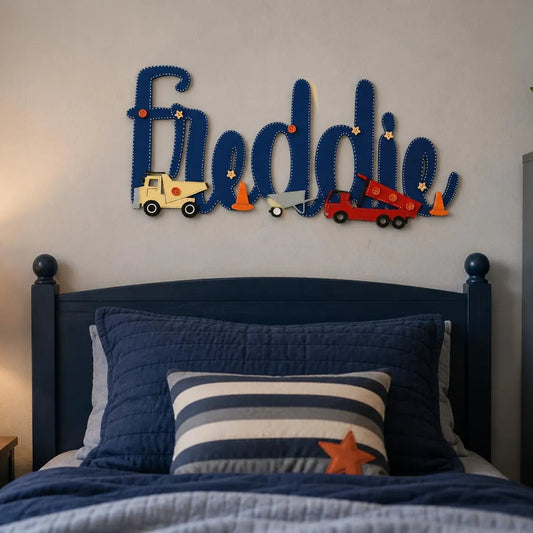Large Wooden Wall Name sign in a construction theme for Boys Bedroom.