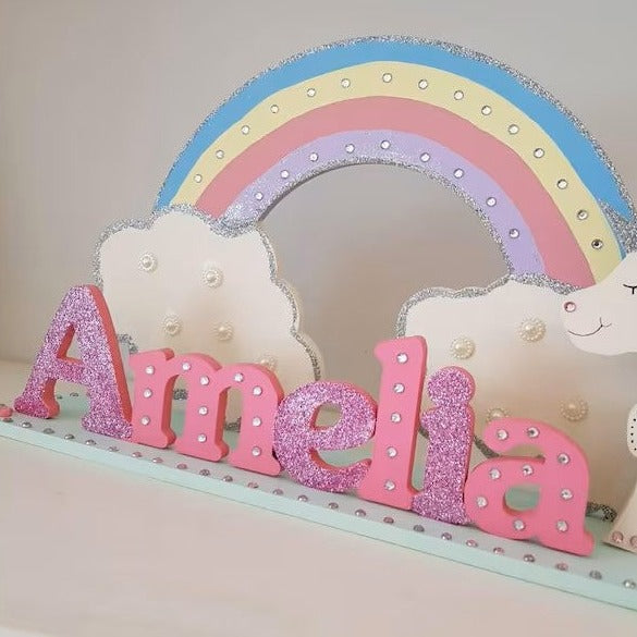 Pretty Unicorn and Rainbow Personalised Freestanding Name Sign for Girls Bedroom