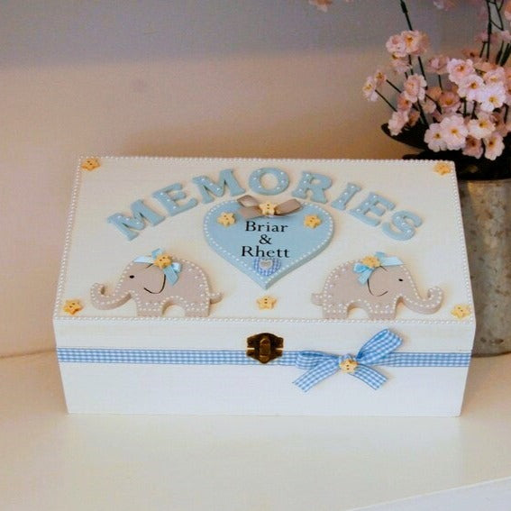 Twin Baby Boy Personalised Wooden Memory Box Keepsake Box with cute Elephants and Heart