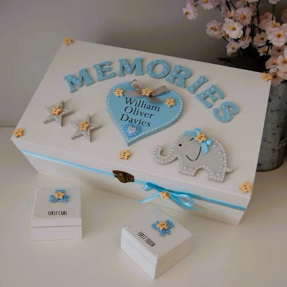 New Baby Boy Personalised Keepsake Memory Box with Cute Elephant and Star decor