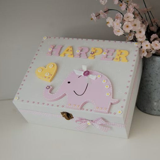Pretty Lilac and Lemon Baby Memory Box with Cute Elephant and Heart Topper. Personalised Baby Memory Box.