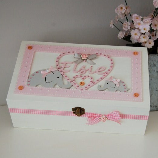 Pretty Personalised Elephant Baby Memory Box Keepsake Box Personalised to any Name