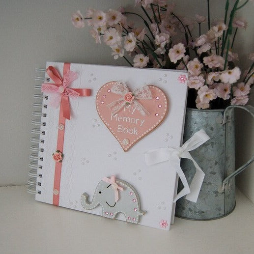 Pretty Baby Girl Memory Book/ Scrapbook/Journal/Photo Album with blank internal pages. Pretty pink ribbon and Elephant design