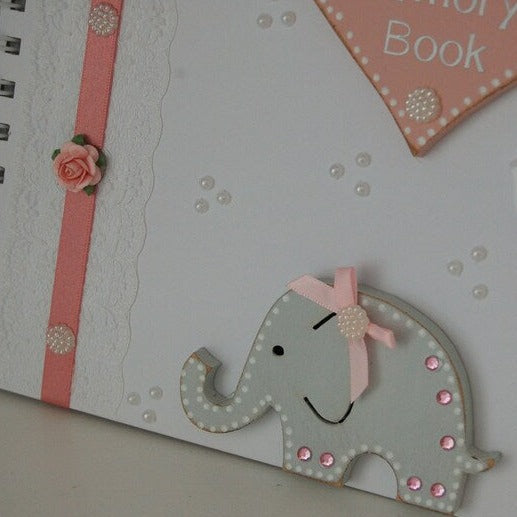 Pretty Baby Girl Memory Book/ Scrapbook/Journal/Photo Album with blank internal pages. Pretty pink ribbon and Elephant design