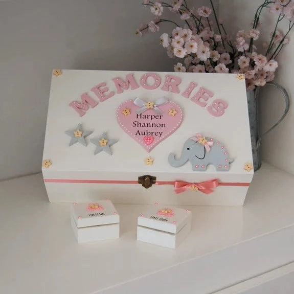 Baby Memory Box. Pink and White Elephant and Star design personalised.