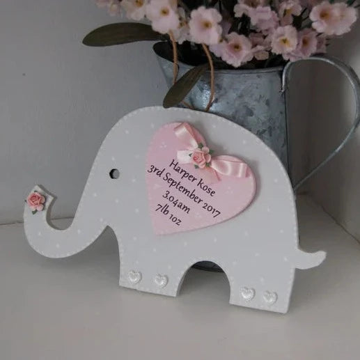 Personalised Hanging Elephant Keepsake Gift for new Baby Girl with name and birth details.