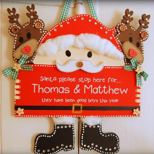 Luxury Personalised Santa Please Stop Here Wooden Hand painted Sign