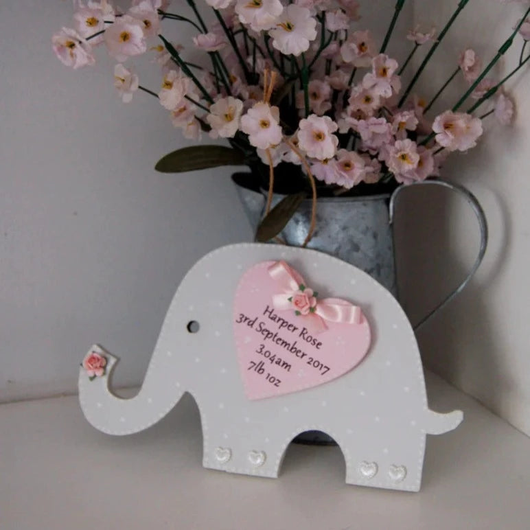 Personalised Hanging Elephant Keepsake Gift for new Baby Girl with name and birth details.