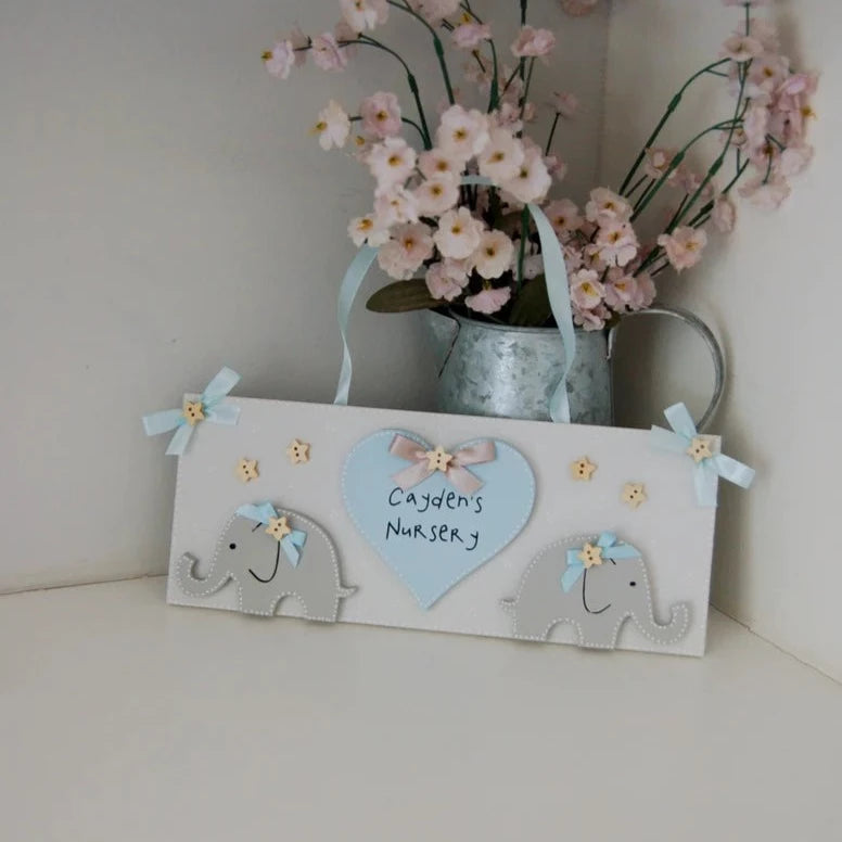 Blue and Grey Personalised Nursery Door Sign/ Plaque with heart and two elephants.