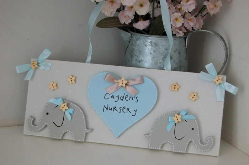 Blue and Grey Personalised Nursery Door Sign/ Plaque with heart and two elephants.