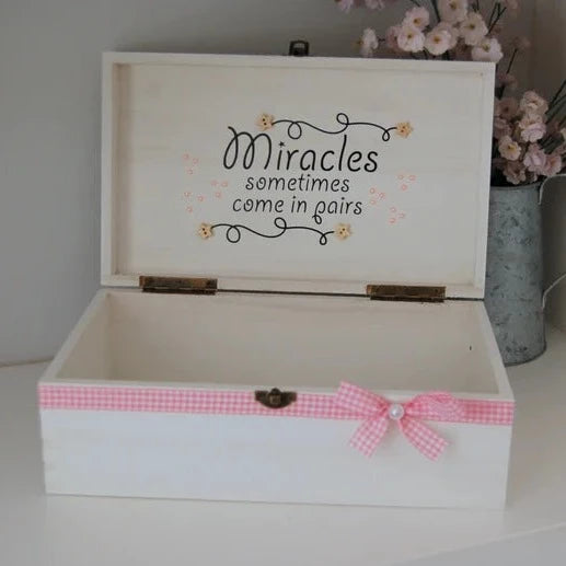 Pretty Personalised Wooden Keepsake Memory Box for Girl/ Twin Girls. Cute Elephants with pink ribbon bows and star buttons.