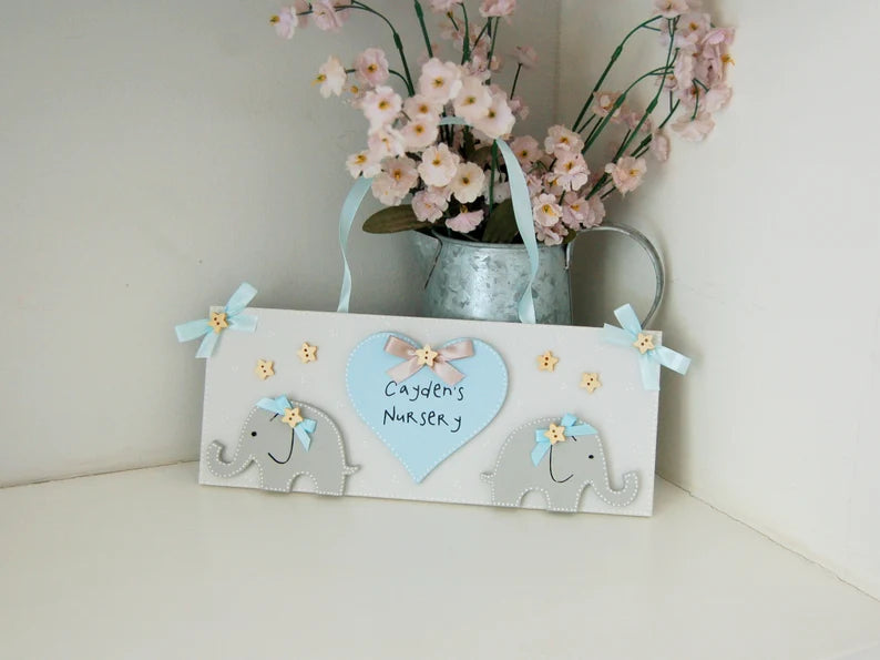 Blue and Grey Personalised Nursery Door Sign/ Plaque with heart and two elephants.