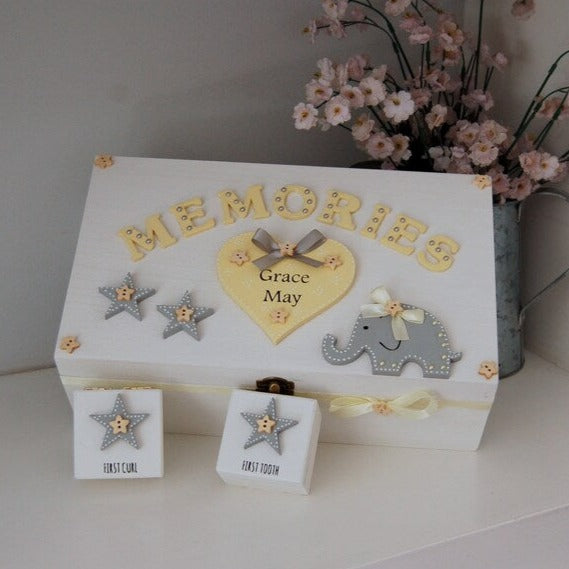 New Baby Keepsake Memory Box with Elephant and Star Design Personalised with Babies Name
