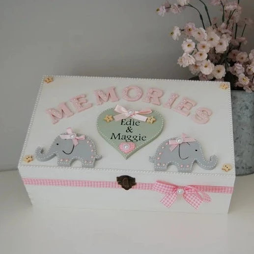 Pretty Personalised Wooden Keepsake Memory Box for Girl/ Twin Girls. Cute Elephants with pink ribbon bows and star buttons.