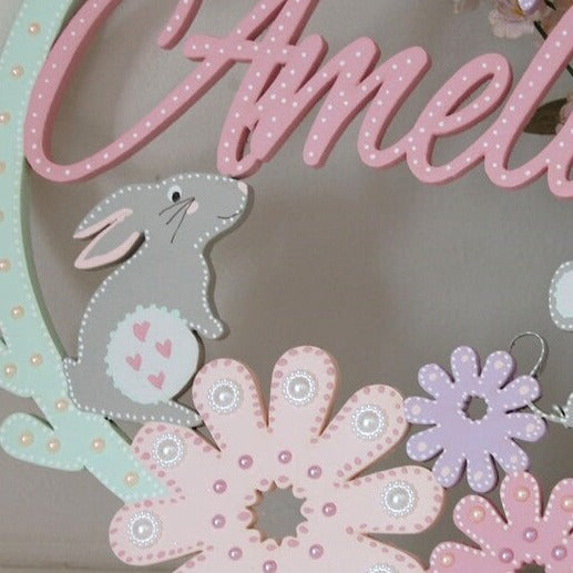 Pretty Rabbit and Mouse Nursery Name Hoop/ Wreath with flowers and bows.