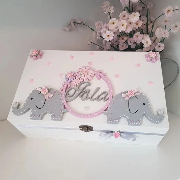 Baby Girl Personalised Wooden Keepsake Box with two elel[hants and floral hoop with name inside