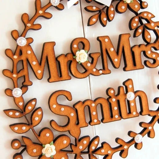 Rustic Wooden MDF Mr and Mrs Personalised Surname Sign floral hoop design