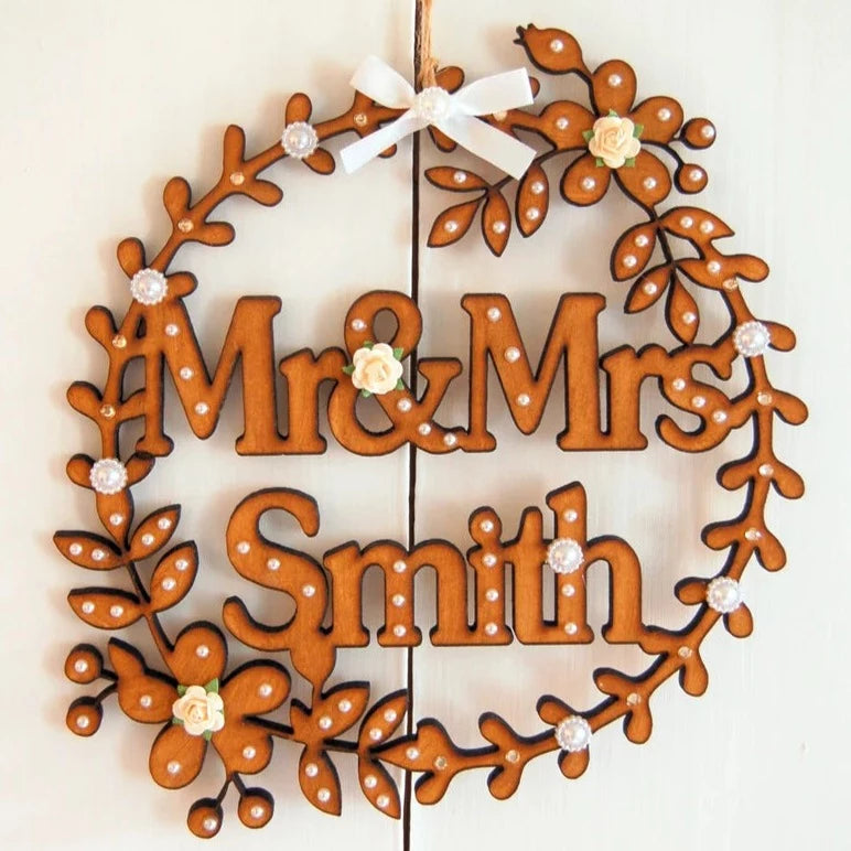 Rustic Wooden MDF Mr and Mrs Personalised Surname Sign floral hoop design