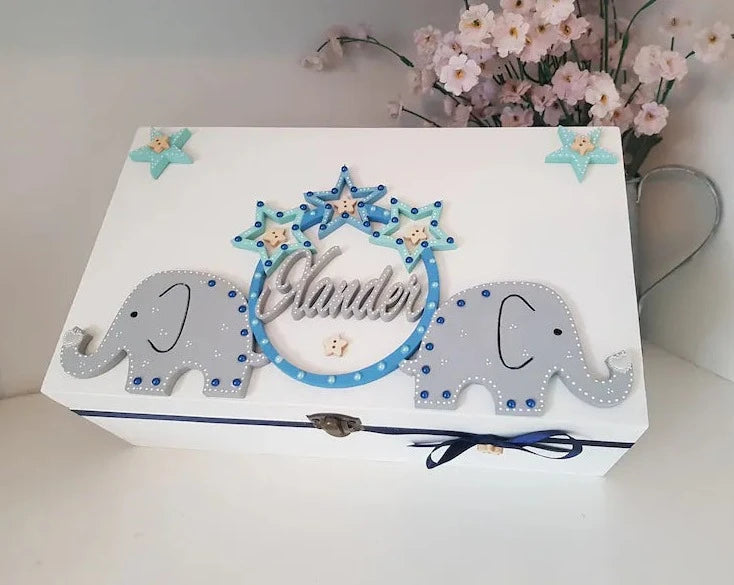 New Baby Boy Elephant and Starry Hoop Wooden Keepsake Box with Personalised Name.