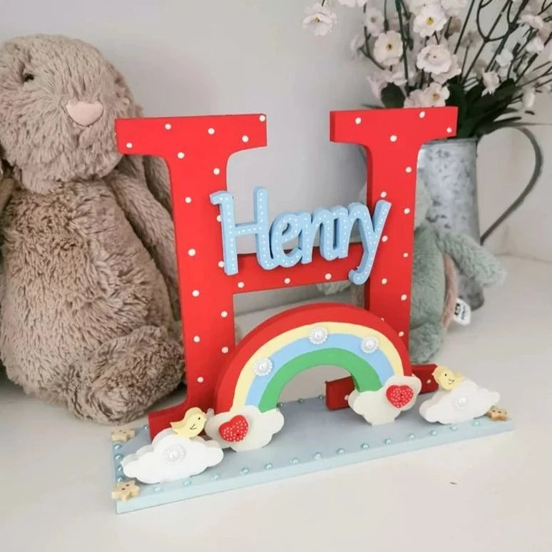 Rainbow and Clouds Personalised Wooden Freestanding Initial for Childrens Bedroom or Nursery.