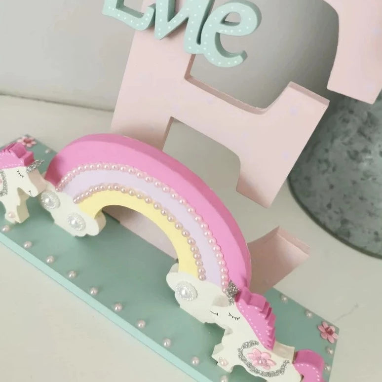 Pretty Pink Unicorn and Rainbow Wooden Initial for a little girls bedroom or Nursery.