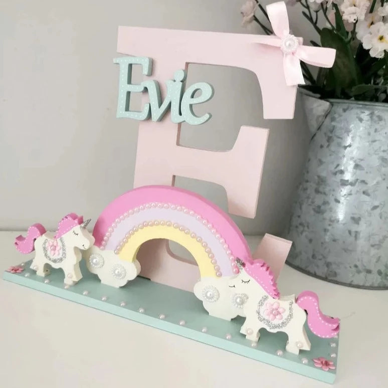 Pretty Pink Unicorn and Rainbow Wooden Initial for a little girls bedroom or Nursery.