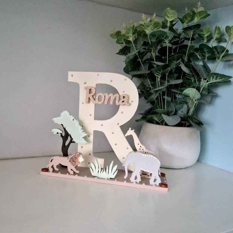 Neutral Baby Sign in Safari Animal Theme. Freestanding Wooden Letter.