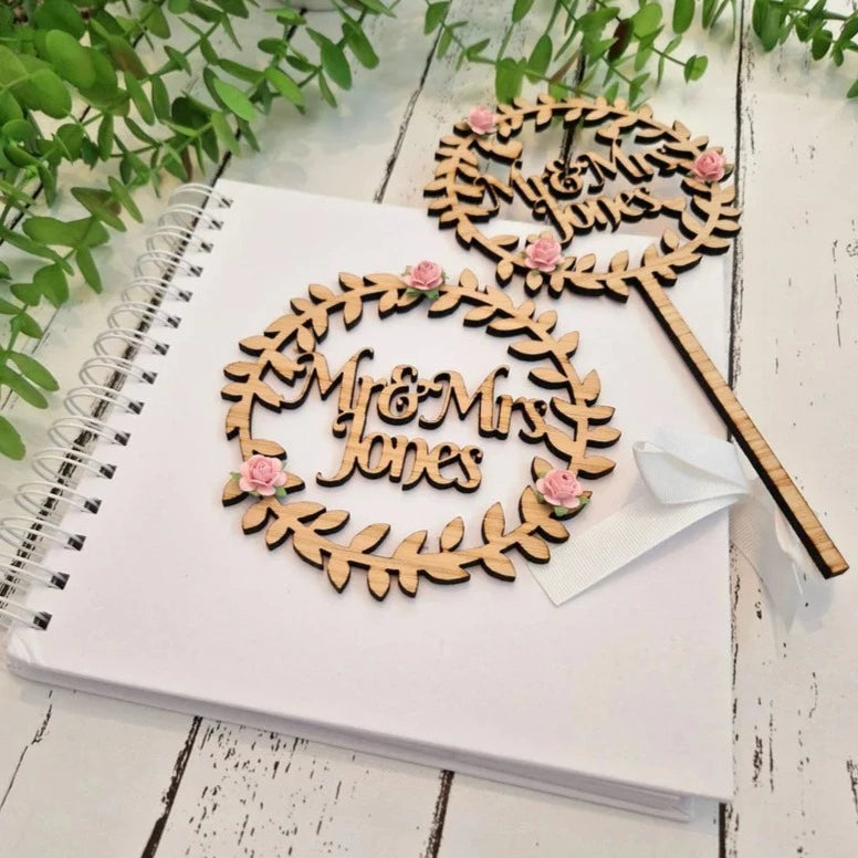 Personalised Wedding Guest Book and Cake topper in rustic oak venner wood decorated with  mulberry paper roses.