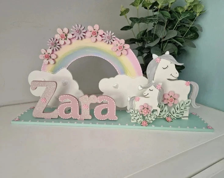 Pretty Pony and Rainbow Personalised Girls Bedroom Name Sign